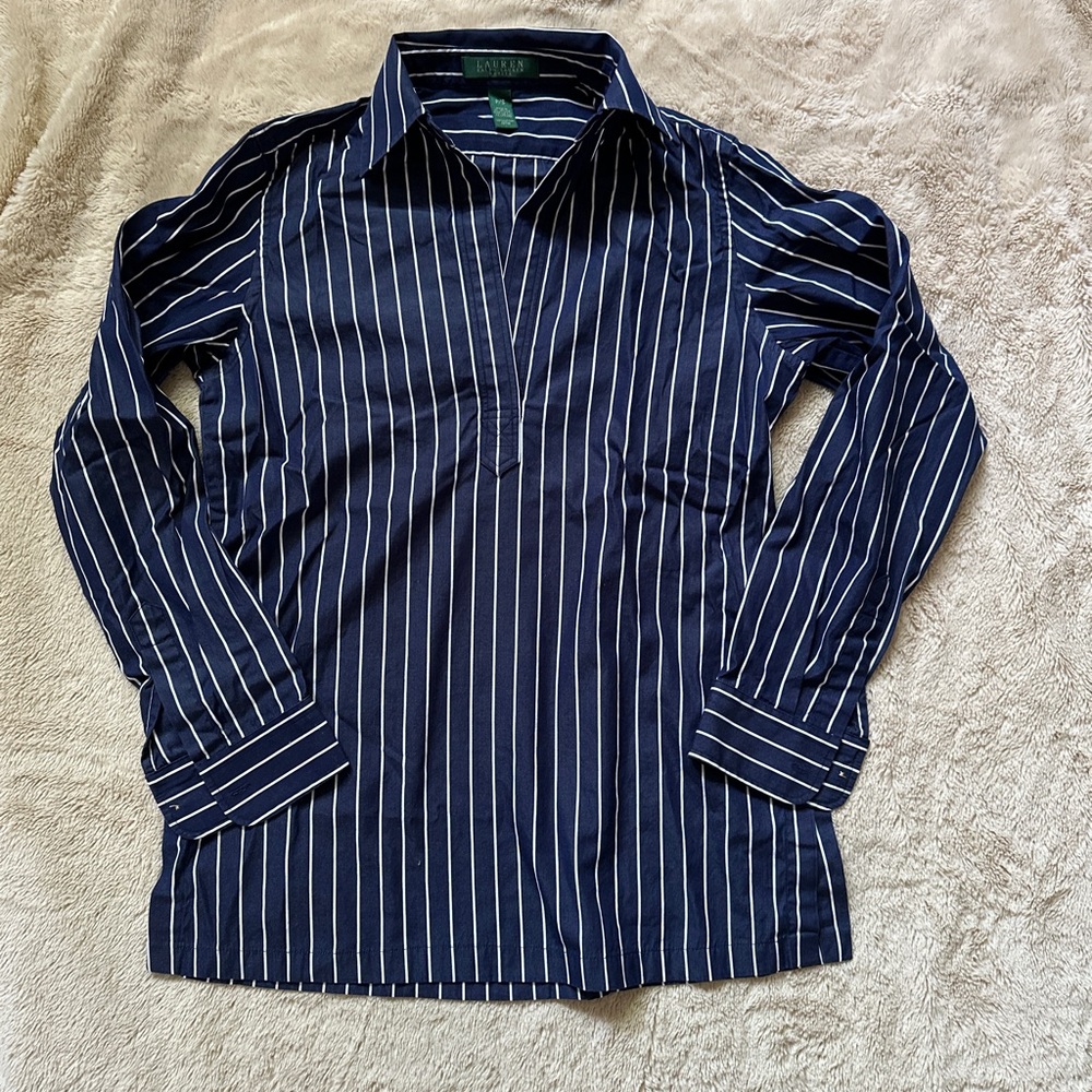 Lauren Ralph Lauren Navy and White Vertical Stripe Button-Down Shirt